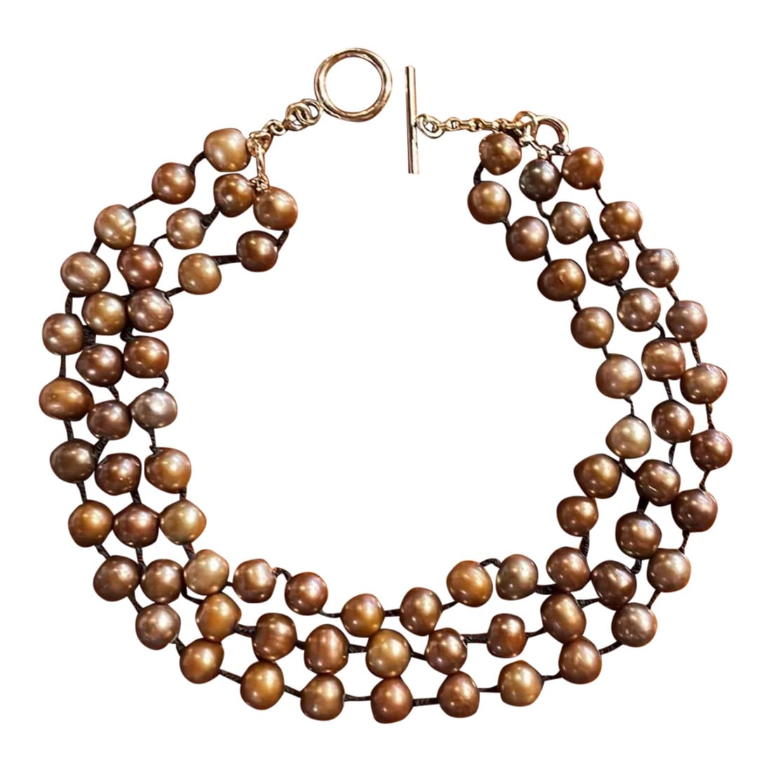 Triple Strand Bronze Pearl Choker Necklace With 14k Clasp: This is a stunning triple strand of bronze pearls. They look incredibly elegant when worn with the right ensemble. Condition: Alterations: Original Condition Unaltered Imperfections: Some Imperfection