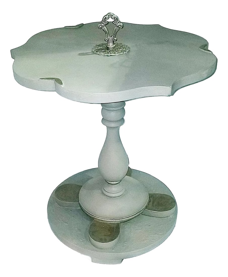 Painted Solid Wood Side Table: Solid wood former chinoiserie side table with brass filigree and handle, elegantly painted in a textured finish of Annie Sloan paint and wax finish with nickle silver touches to blend into a modern