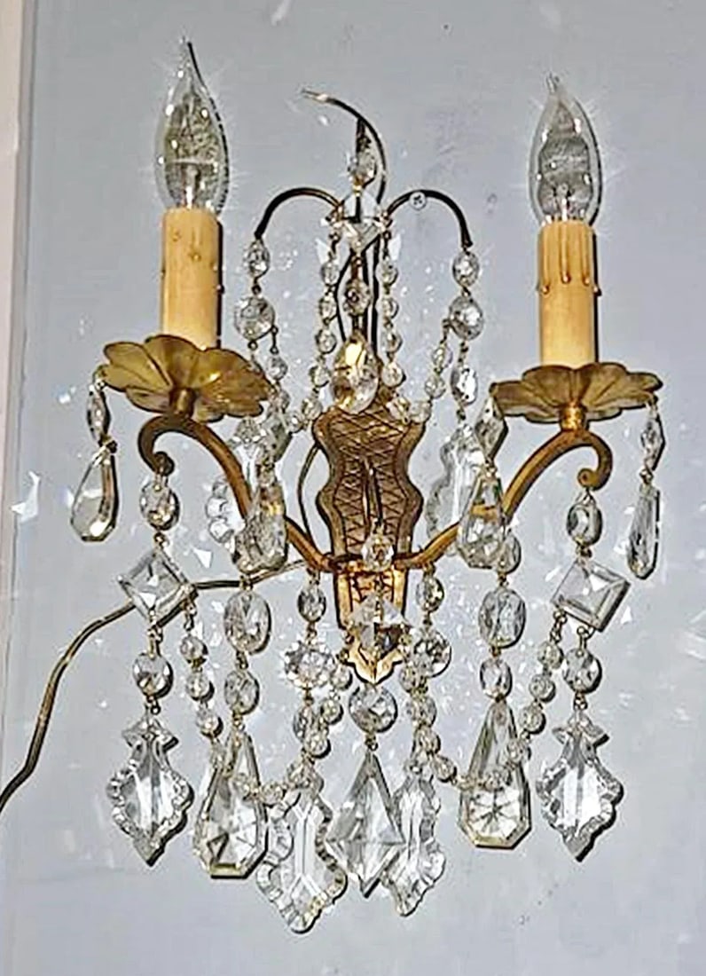 Antique Crystal French Bronze Sconces - A Pair - 10