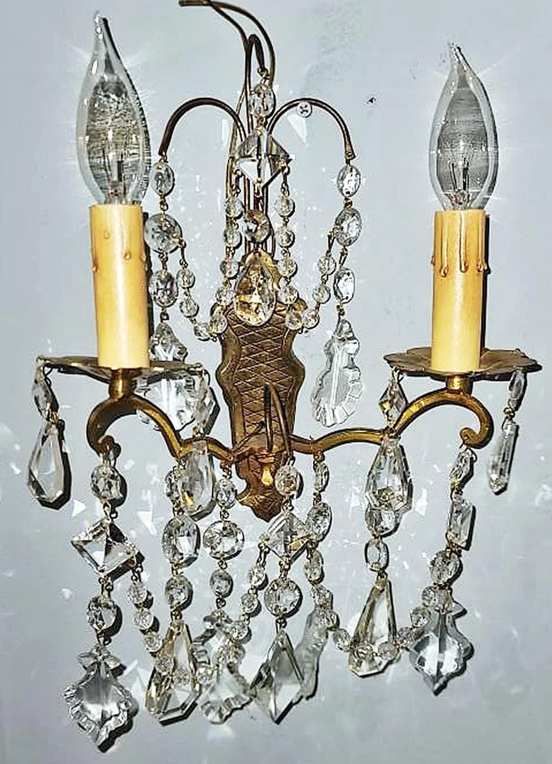Antique Crystal French Bronze Sconces - A Pair - 12