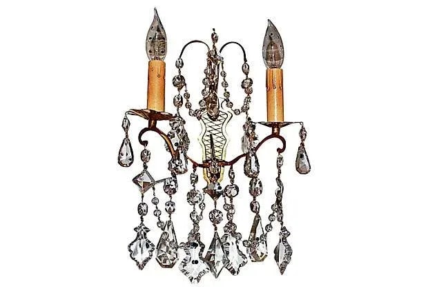 Antique Crystal French Bronze Sconces - A Pair - 2
