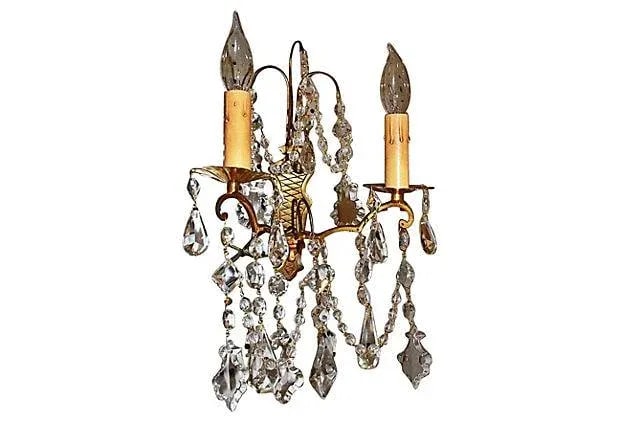 Antique Crystal French Bronze Sconces - A Pair - 3