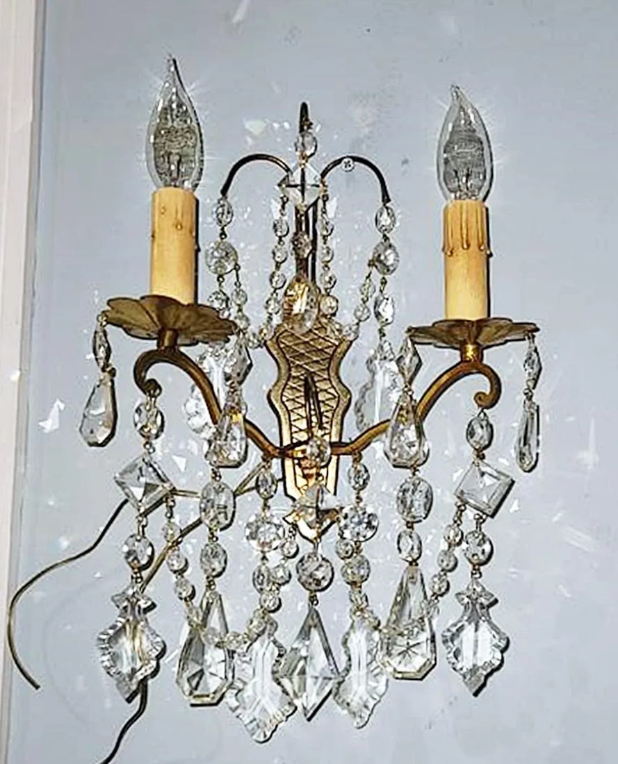 Antique Crystal French Bronze Sconces - A Pair - 7