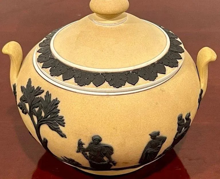 Wedgwood Yellow Dip Jasperware & Black Basalt Sugar & Creamer, C 1900 - 10