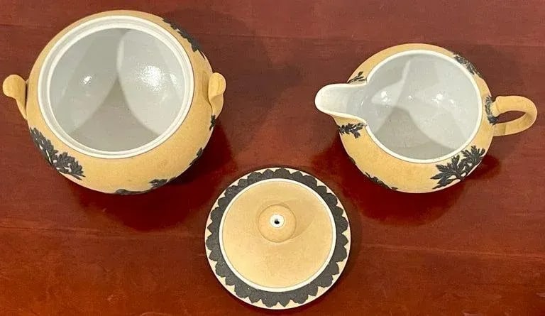 Wedgwood Yellow Dip Jasperware & Black Basalt Sugar & Creamer, C 1900 - 2