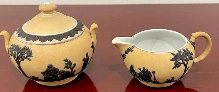 Wedgwood Yellow Dip Jasperware & Black Basalt Sugar & Creamer, C 1900 - 4