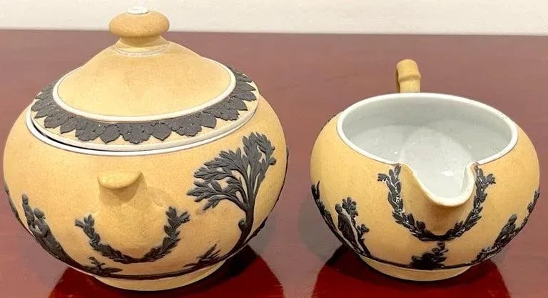 Wedgwood Yellow Dip Jasperware & Black Basalt Sugar & Creamer, C 1900 - 5
