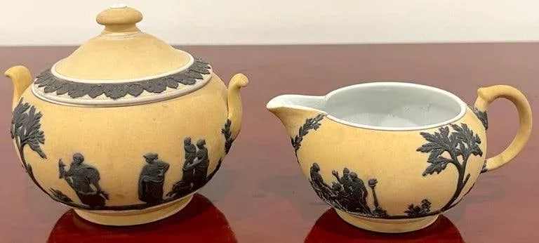 Wedgwood Yellow Dip Jasperware & Black Basalt Sugar & Creamer, C 1900 - 6
