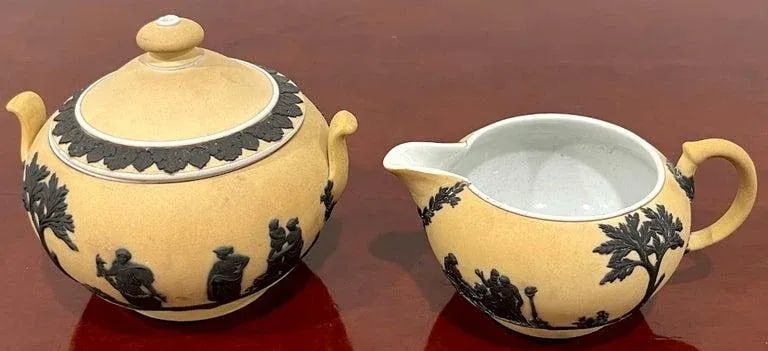 Wedgwood Yellow Dip Jasperware & Black Basalt Sugar & Creamer, C 1900 - 8