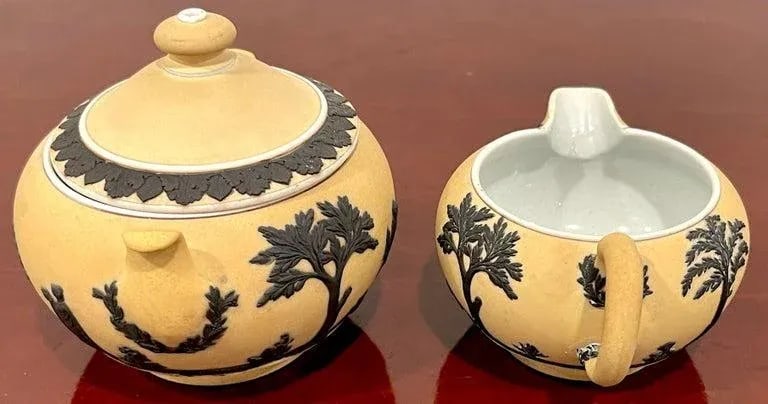 Wedgwood Yellow Dip Jasperware & Black Basalt Sugar & Creamer, C 1900 - 9