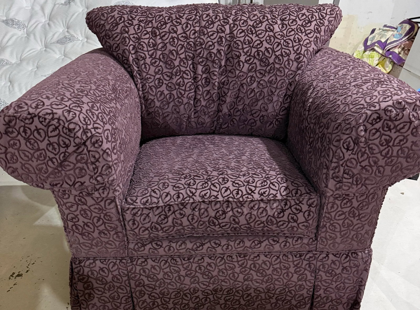 Custom Handmade Purple Chenille Armchair With Leaf Pattern - 5
