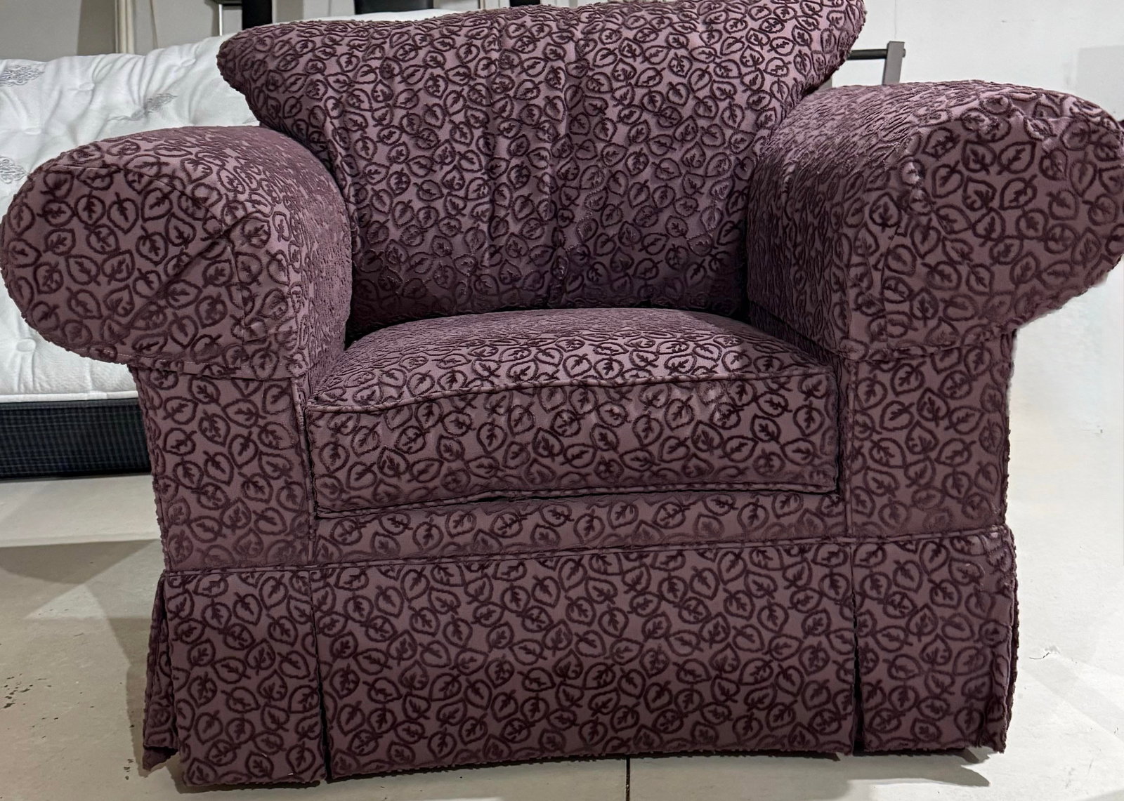 Custom Handmade Purple Chenille Armchair With Leaf Pattern - 8