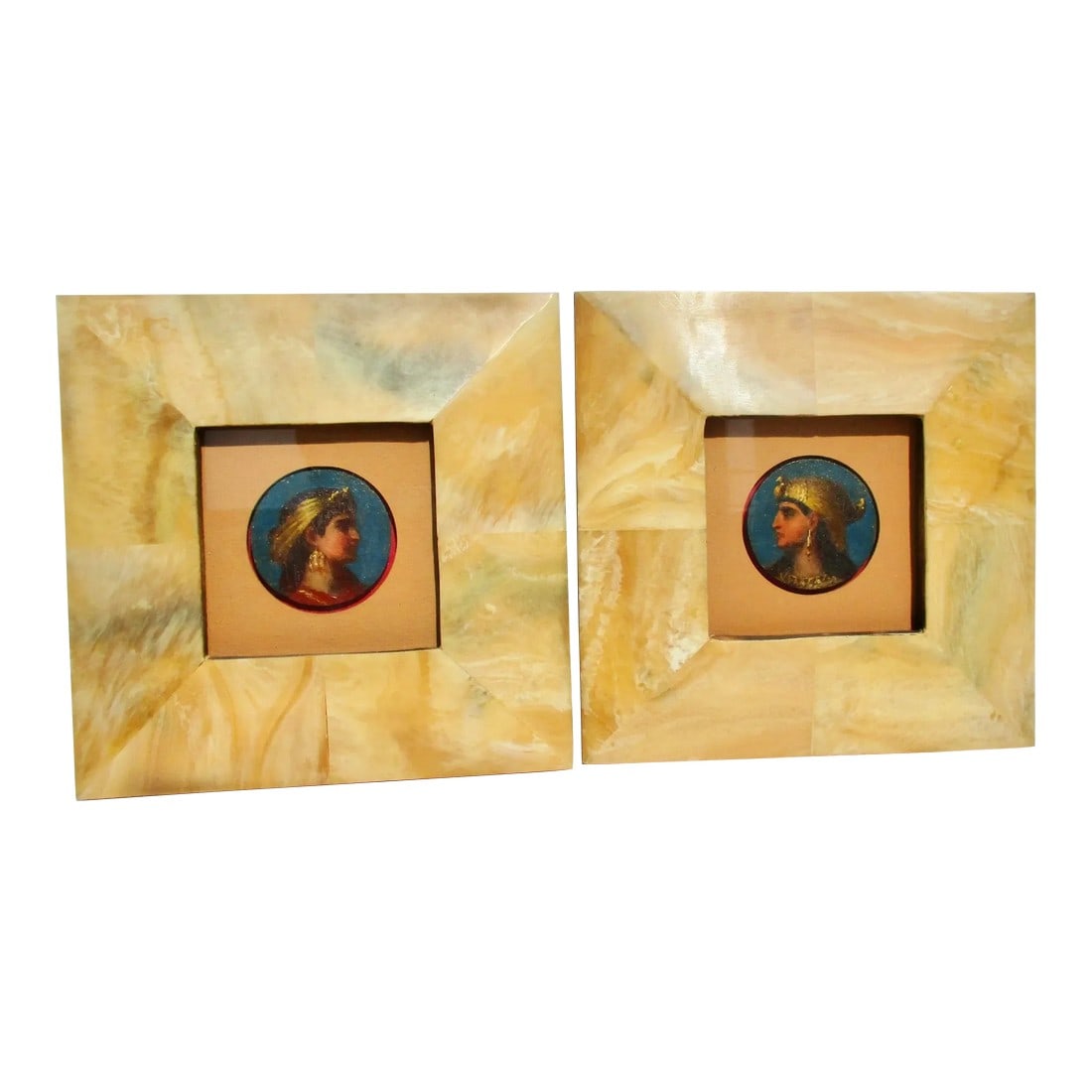 Egyptian Revival Portraits- Pair of 2: Wonderful pair of Egyptian-inspired Queen profiles. Shown in Indian Horn Table frames with wire to wall hang. The medallions are very richly colored ladies in golden attire against a deep blue sky.