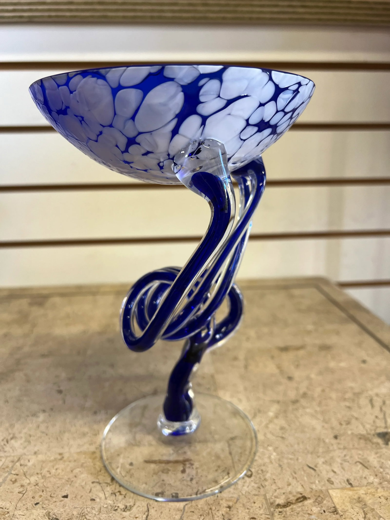 Blue & White Jellyfish Pedestal Glass Art Bowl - 2