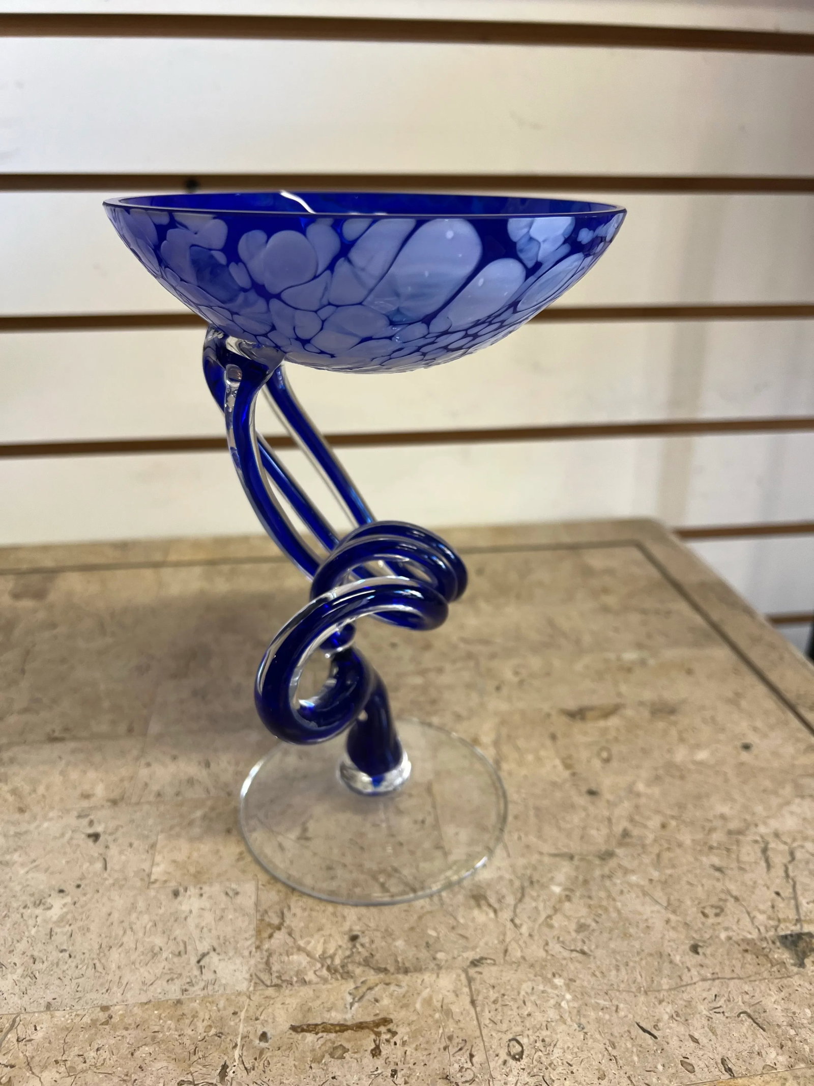 Blue & White Jellyfish Pedestal Glass Art Bowl - 3