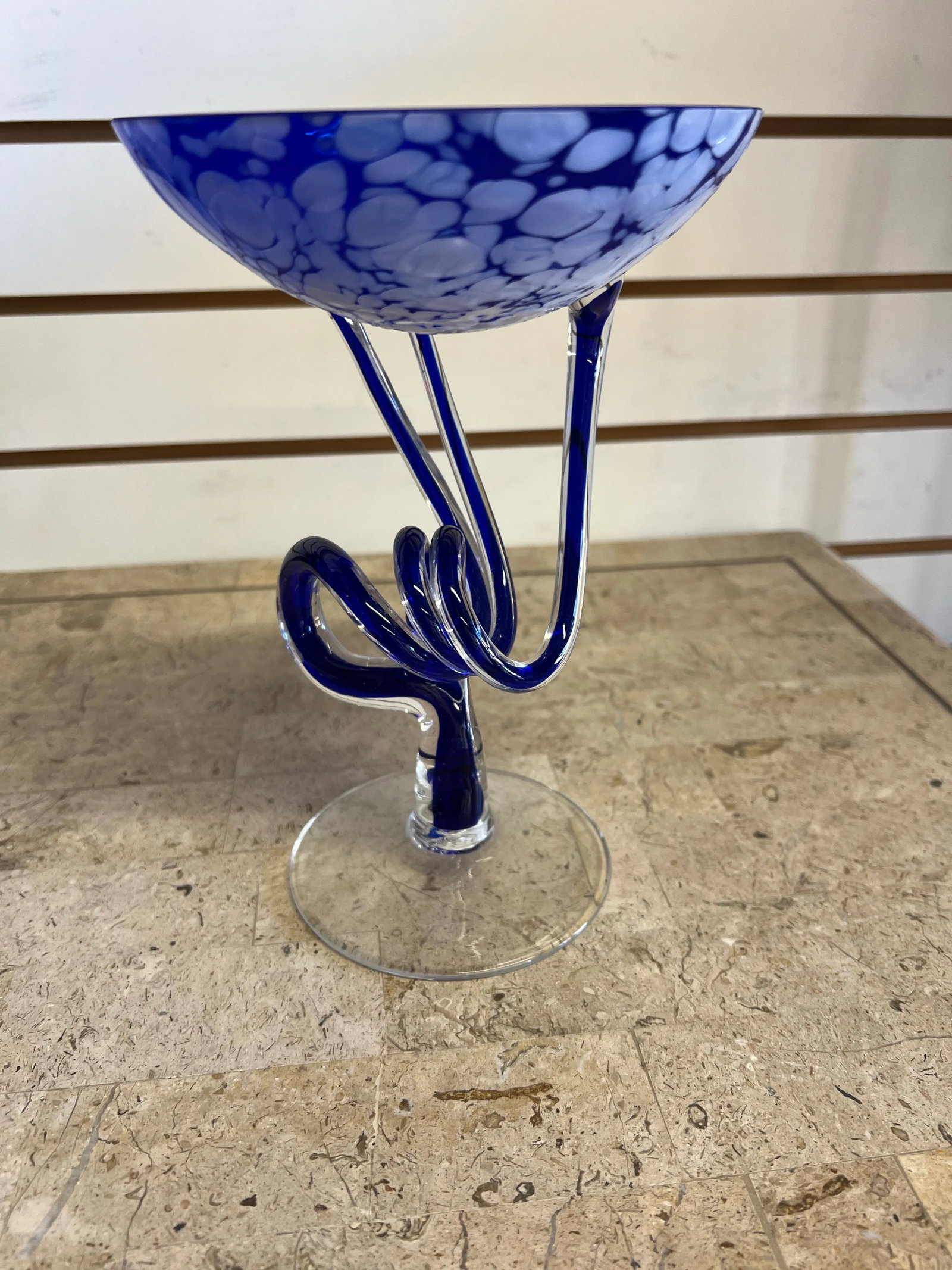 Blue & White Jellyfish Pedestal Glass Art Bowl - 4