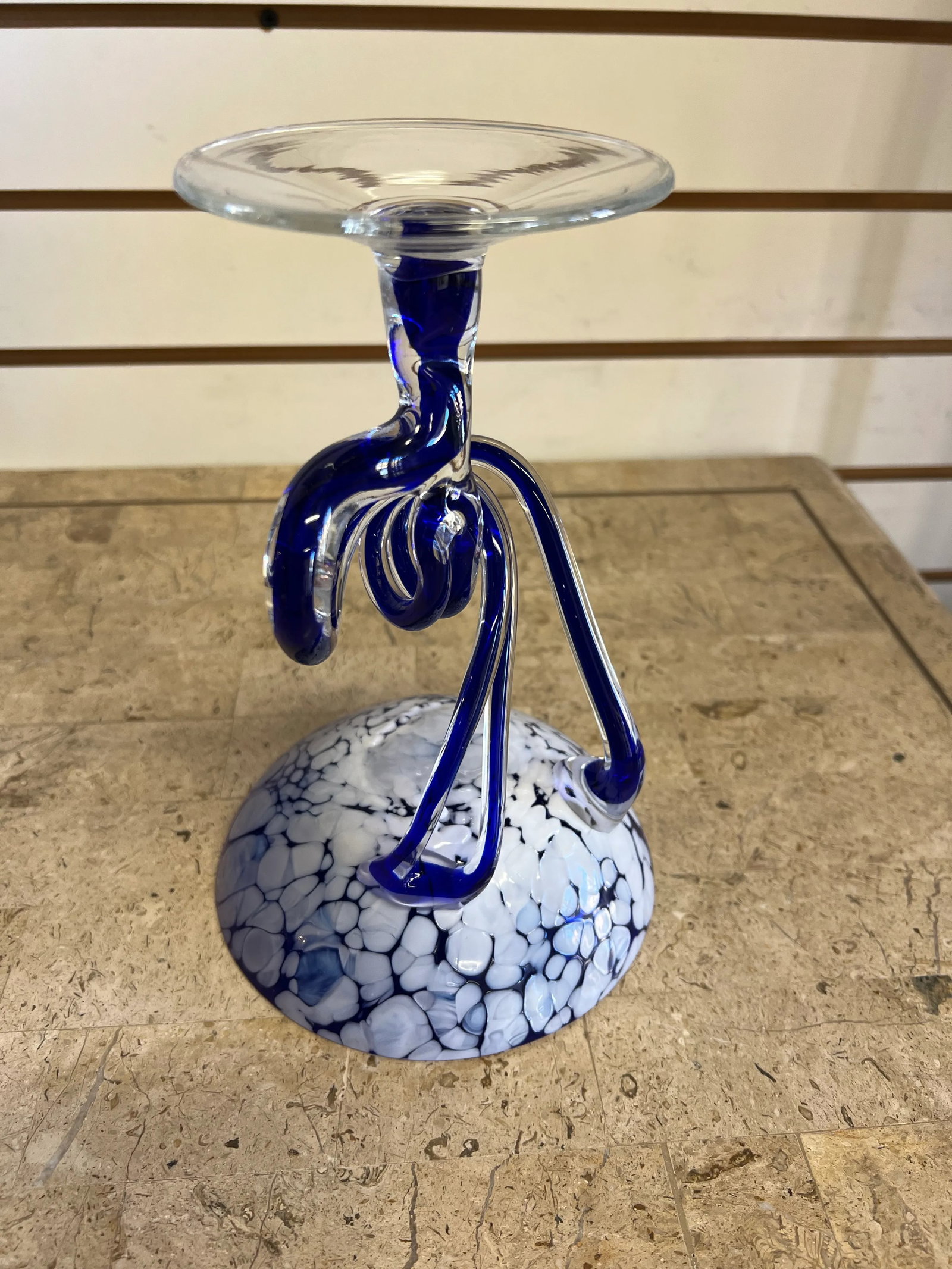 Blue & White Jellyfish Pedestal Glass Art Bowl - 5