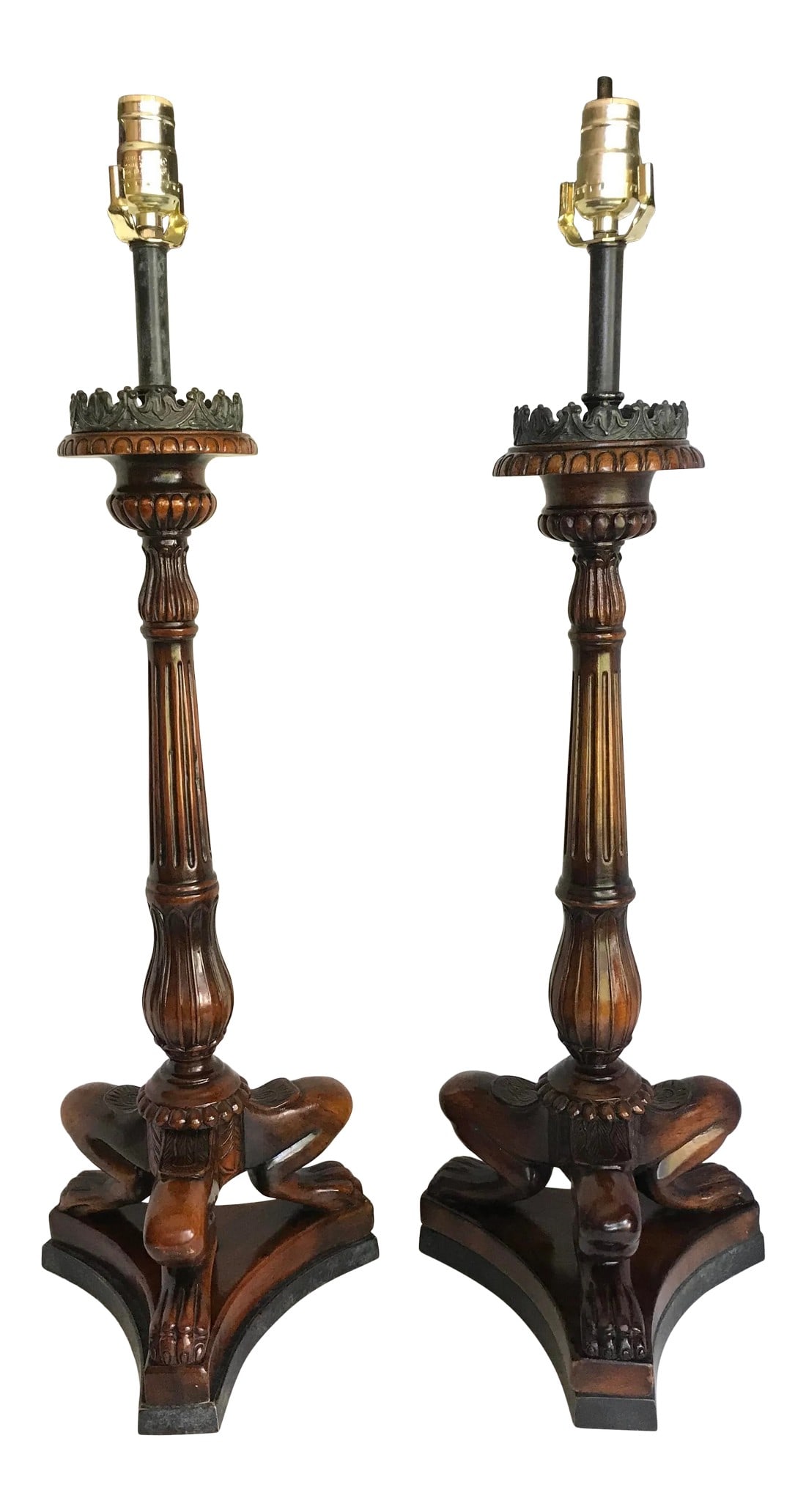 Carved Animalia Claw Lamps With Bronze Details - a Pair: These may be the most gorgeous lamps I've ever seen! The main portion of the lamp consists of carved wood with 3 animal legs and feet that form a very striking and solid base. As you can see, it's