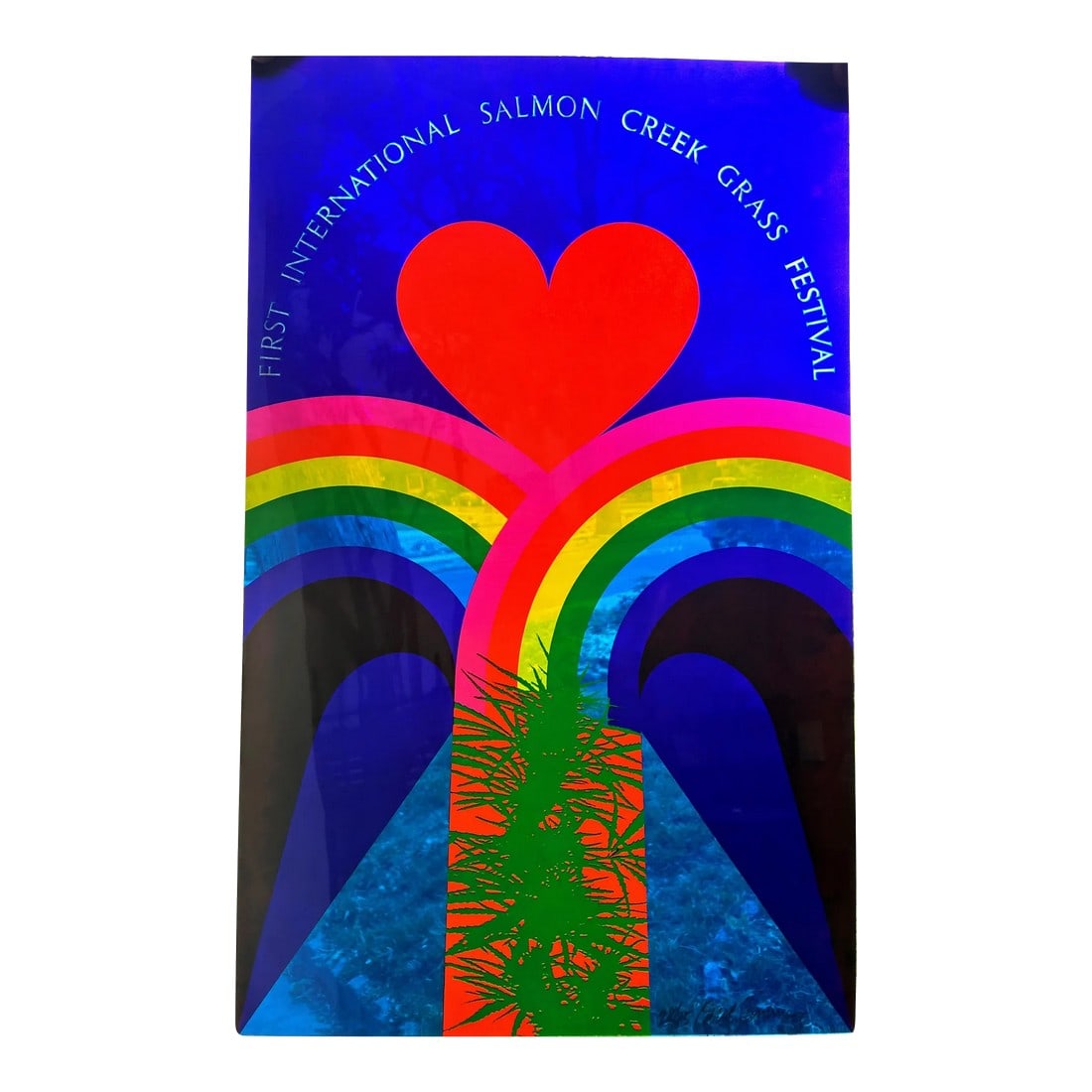 Original Signed Carol Summers "First International Salmon Creek Grass Festival" Poster: Carol Summers for the First International Salmon Creek Grass Festival, a print on translucent vinyl sheet, signed and numbered 28/85. Unframed. Silkscreen on vinyl. Limited edition of 75 prints (30