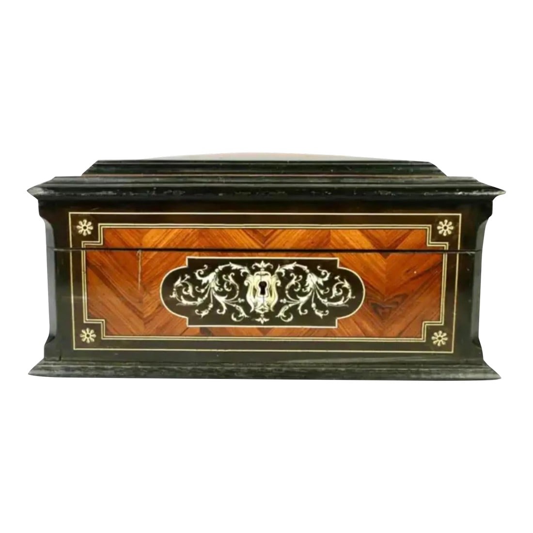 19th Century French Marquetry Inlaid and Ebonized Wood Box: 19th Century Napoleon III precious wood and marquetry Inlaid and ebonized box. Hinged box top features a central motif of fauna and flowers. Inner box is lined with blue satin padded upholstery with
