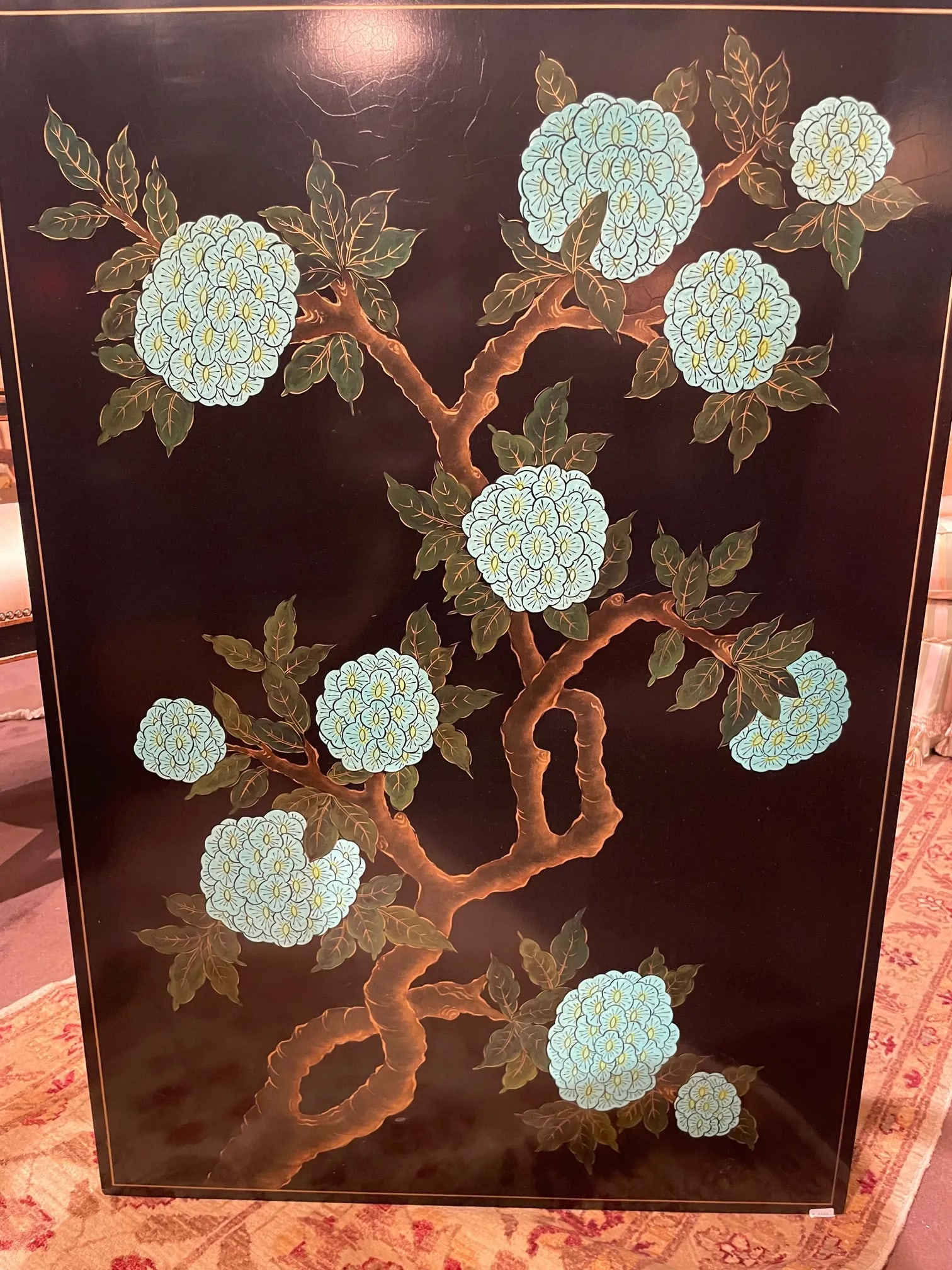 Black Lacquer Coffee Table With Large Turquoise Flower and Vine Motif by Baker Furniture - 3