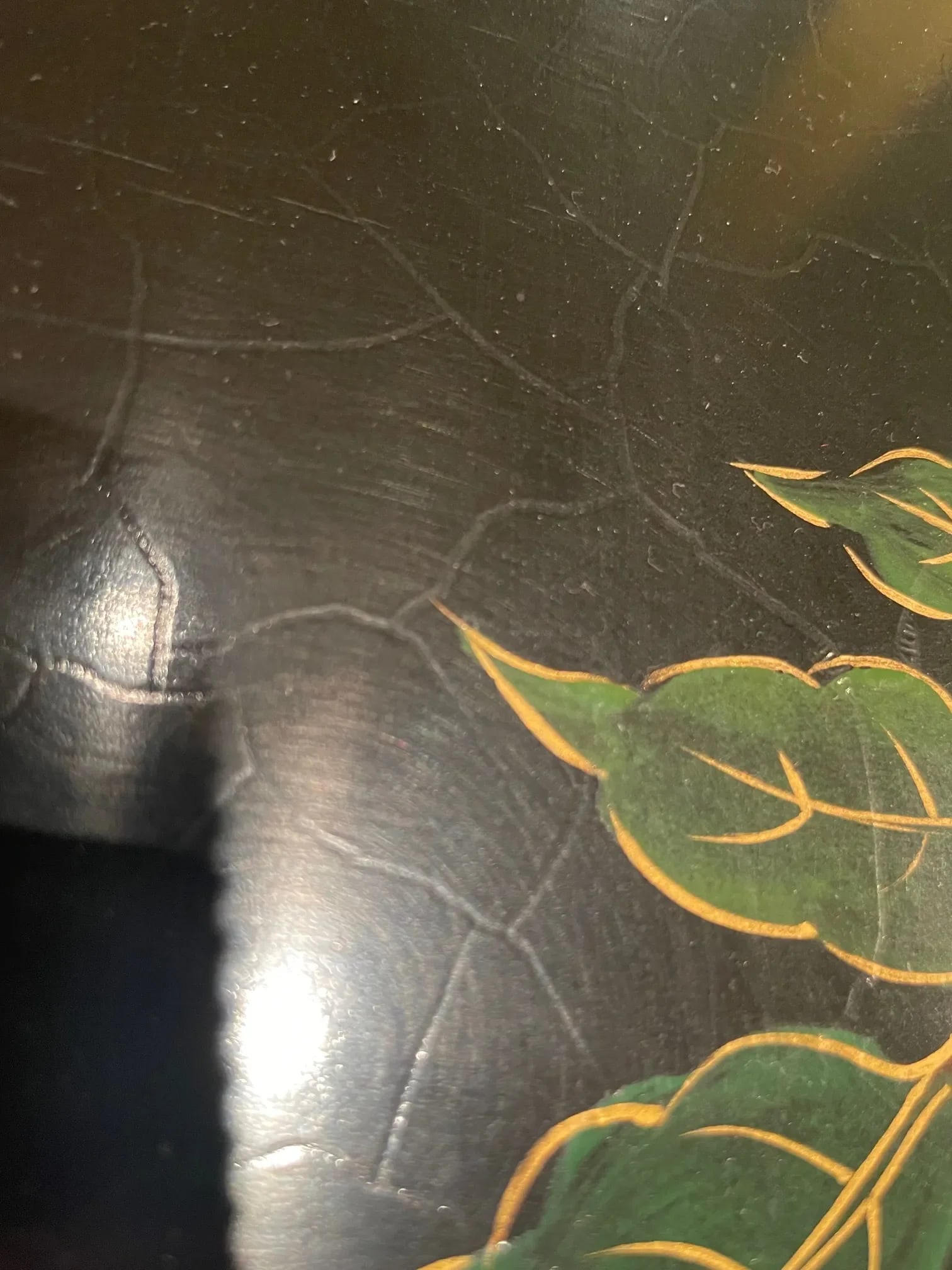 Black Lacquer Coffee Table With Large Turquoise Flower and Vine Motif by Baker Furniture - 5