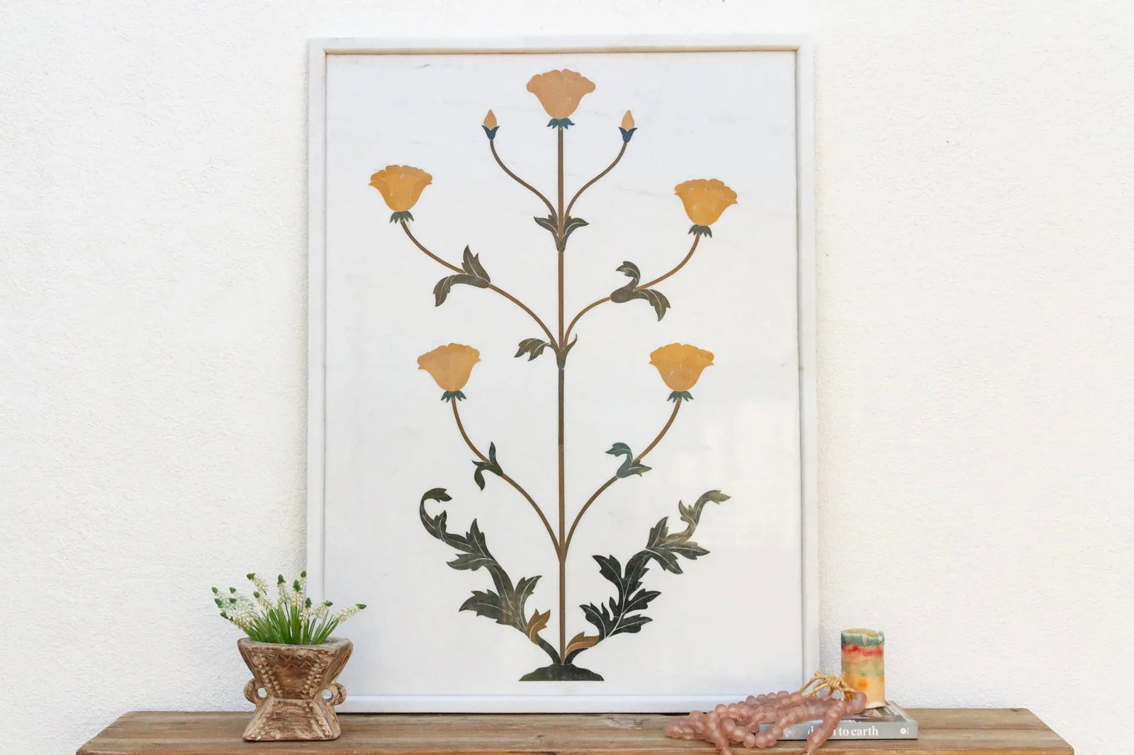 Large Marble & Gemstone Inlay Botanical Panel - 2