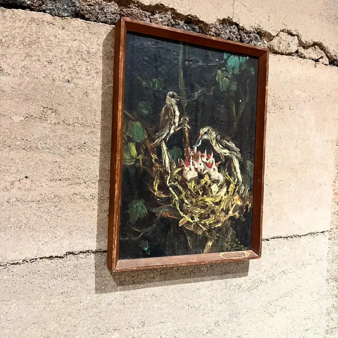 Mid 20th Century Painting Bird Chicks Still Life Impressionist Oil Canvas - 5