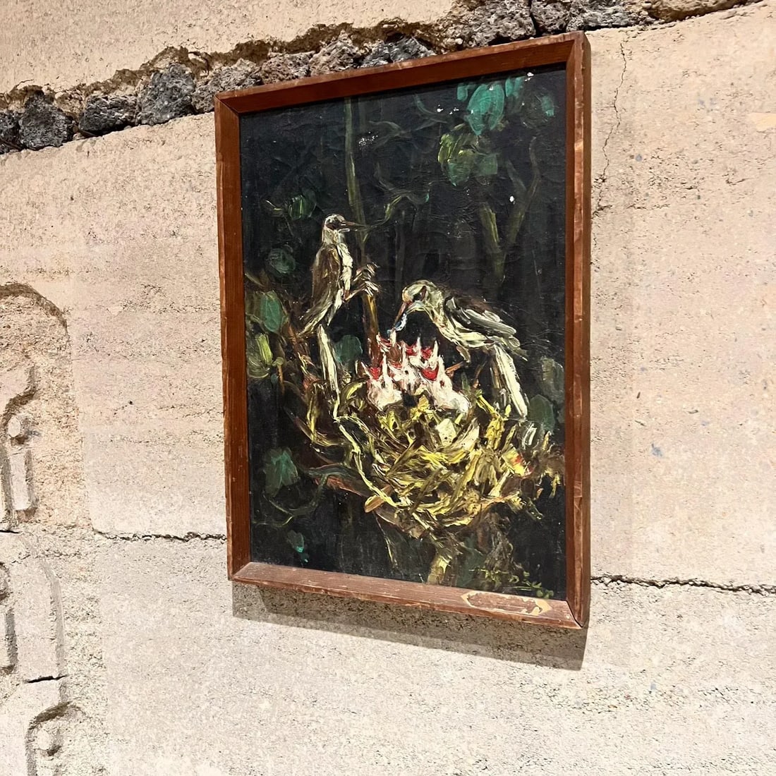 Mid 20th Century Painting Bird Chicks Still Life Impressionist Oil Canvas - 6
