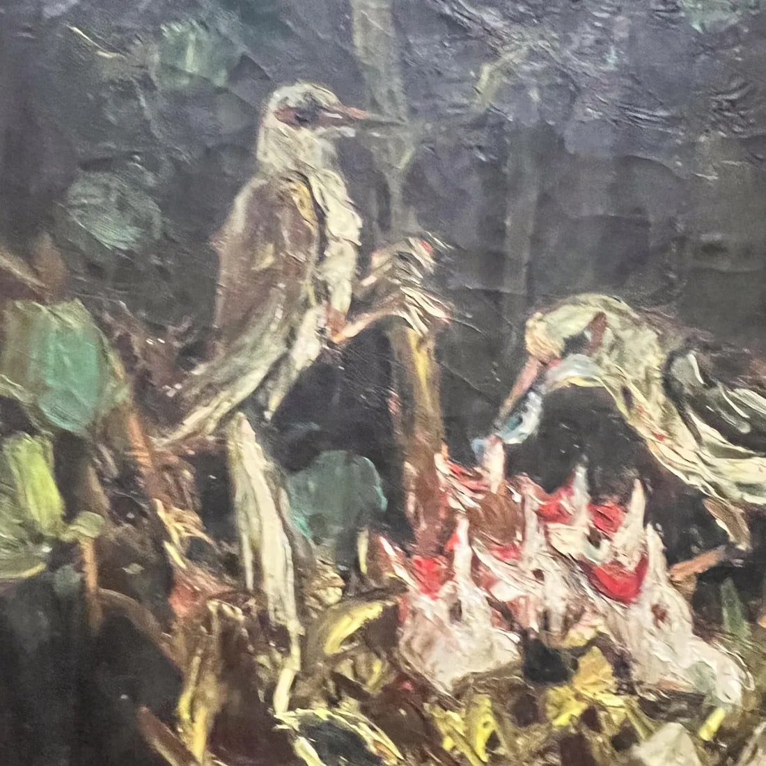 Mid 20th Century Painting Bird Chicks Still Life Impressionist Oil Canvas - 7