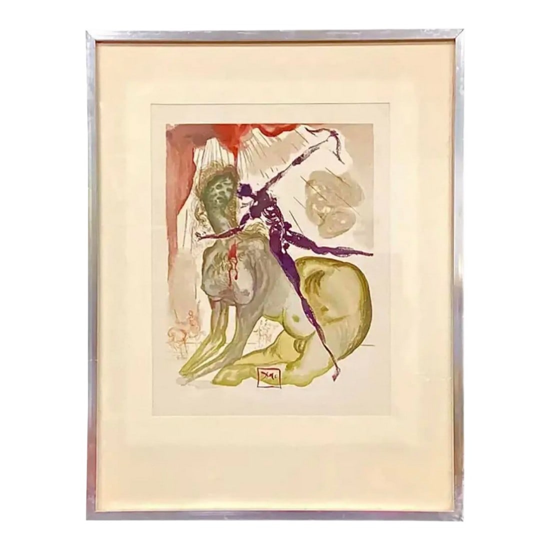 Signed Salvador Dali Surrealist Wood Cut Print: Mid-20th century signed Salvador Dali (Spanish artist 1904-1989) Wood Cut Print, "The Minotaur". This is a striking example of the surrealist artist's exploration of mythology and subconscious. The
