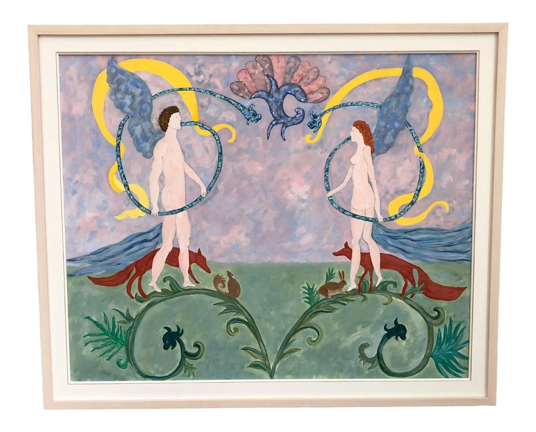 Contemporary Original Figural Painting in Custom Frame: Lovely original figural painting on canvas in pastel shades with gorgeous light wood frame. Condition: Imperfections: No Imperfections Dimensions: Height: 27.5 in. Width: 33.5 in. Depth: 2 in.