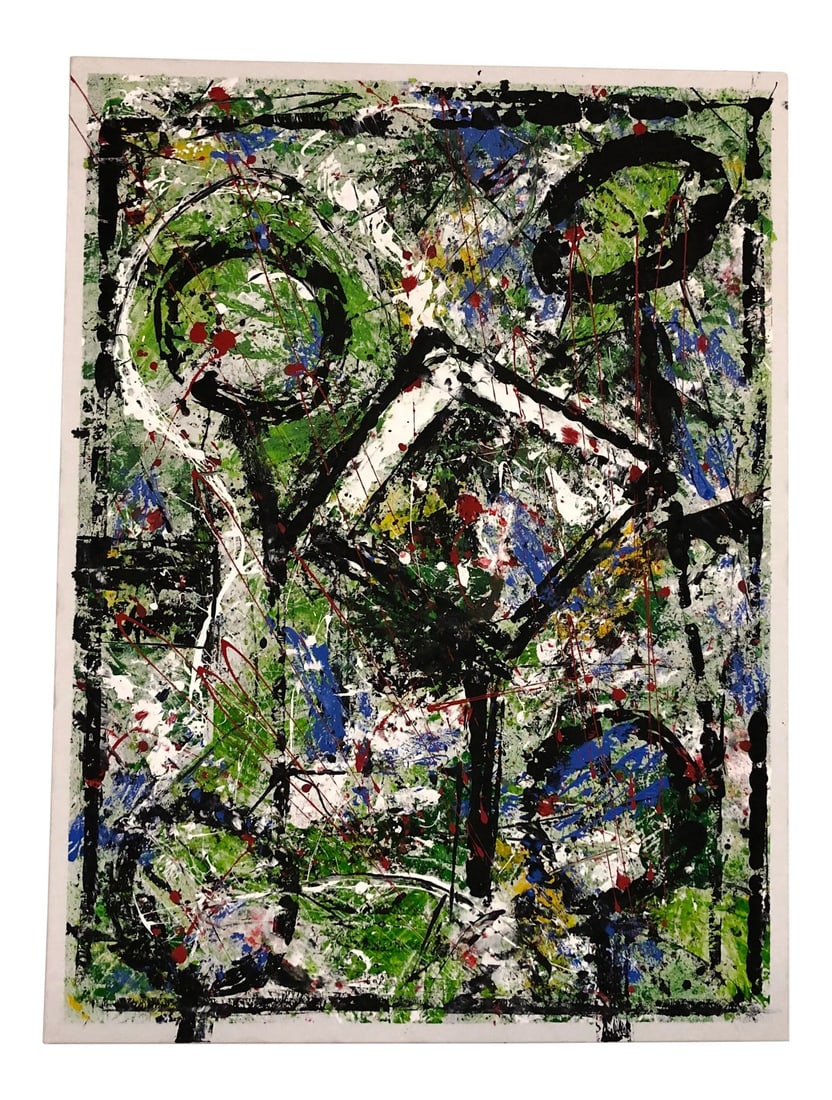 Original Abstract Painting - Acrylic on Canvas: Abstract acrylic on canvas with colors of orange, blue, black white and brown, titled "Mean Lollipops". Painted to be hanged vertically but one could also hang horizontally if one wished. Signed on
