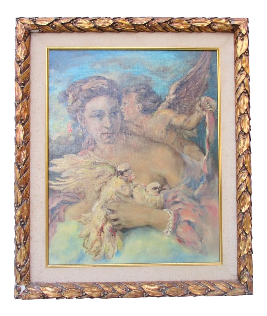 Venus and Cupid Painting: Painted in the 18th-century style Of Fragonnard or Watteau, the Venus clutches her doves of love and Cupid kisses her cheek. Designed in soft pastels and soft edges the whole is softly conceived and