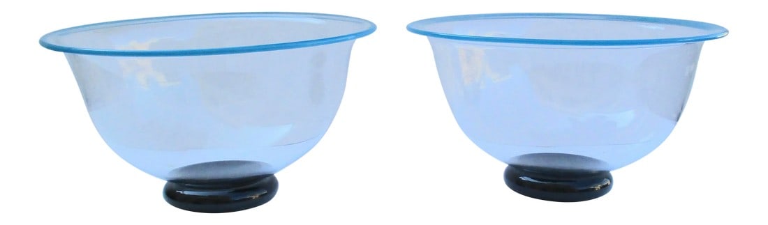 Vintage 1989 Kosta Boda Handblown Bowls - a Pair: Very elegant and fine signed pair of table bowls or desk cachepots, Signed with monogram and dated 1989 to the underside. Pontil marks to center of both. Clear and deep with blue glass rims and