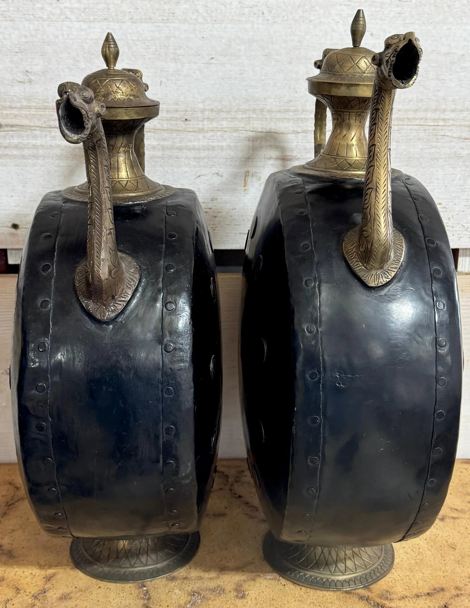 Pair of Anglo-Indian Cast & Engraved Brass Ewers, Black Enamel & British Coins - 10