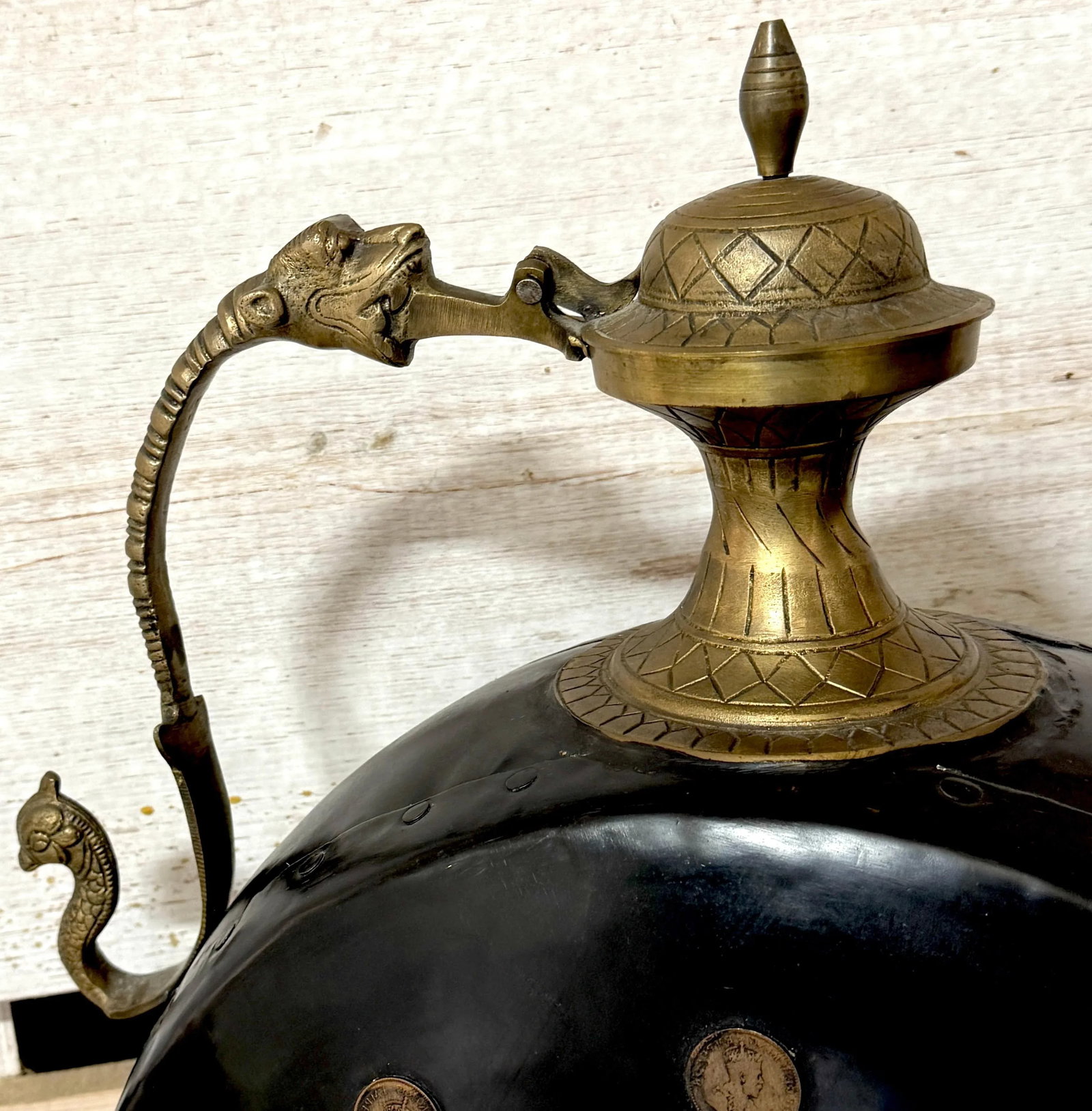Pair of Anglo-Indian Cast & Engraved Brass Ewers, Black Enamel & British Coins - 12