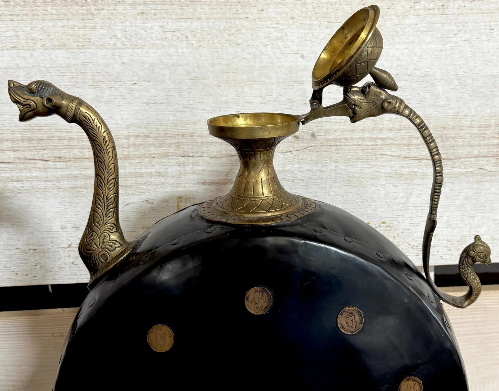 Pair of Anglo-Indian Cast & Engraved Brass Ewers, Black Enamel & British Coins - 2