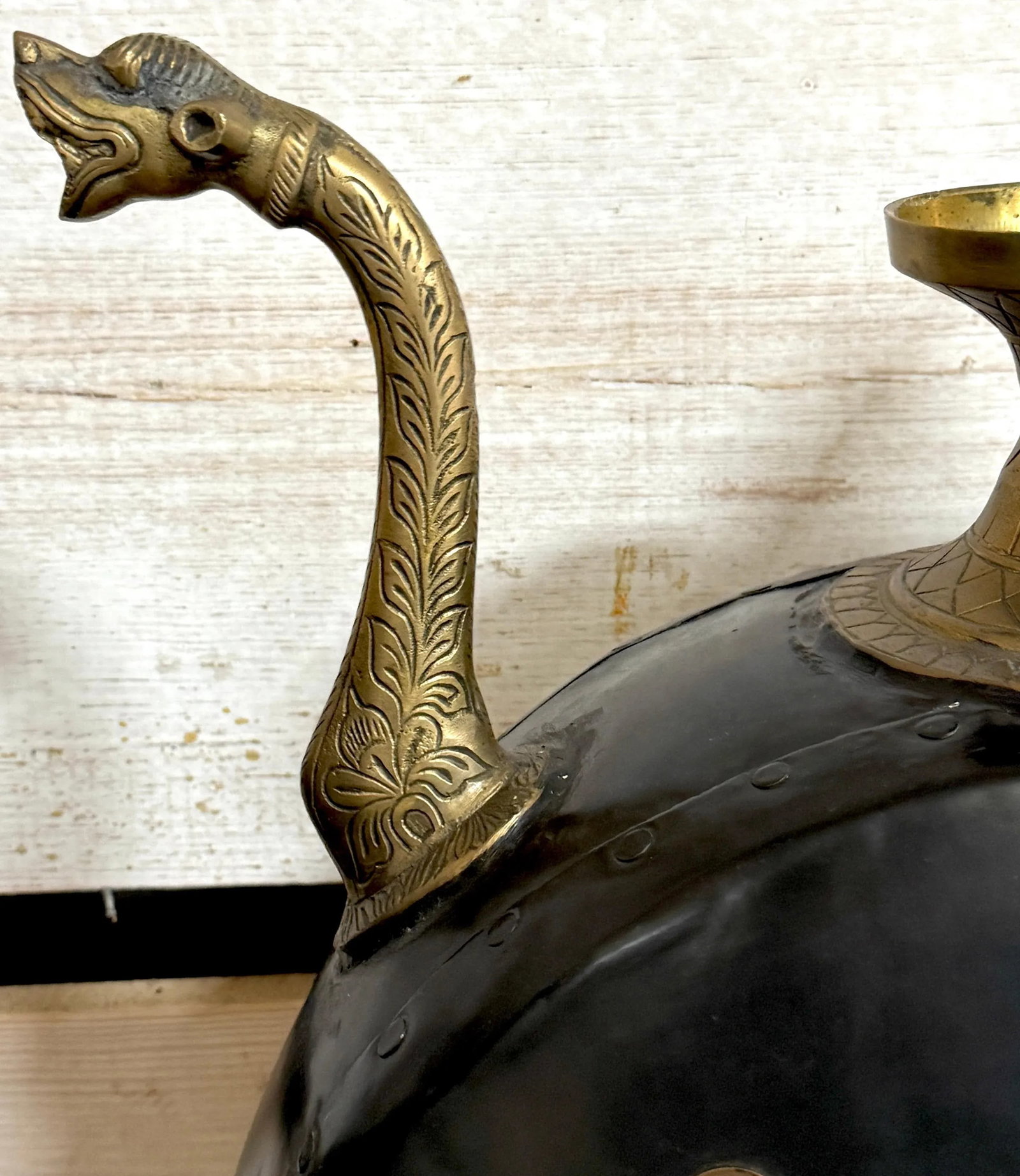 Pair of Anglo-Indian Cast & Engraved Brass Ewers, Black Enamel & British Coins - 3
