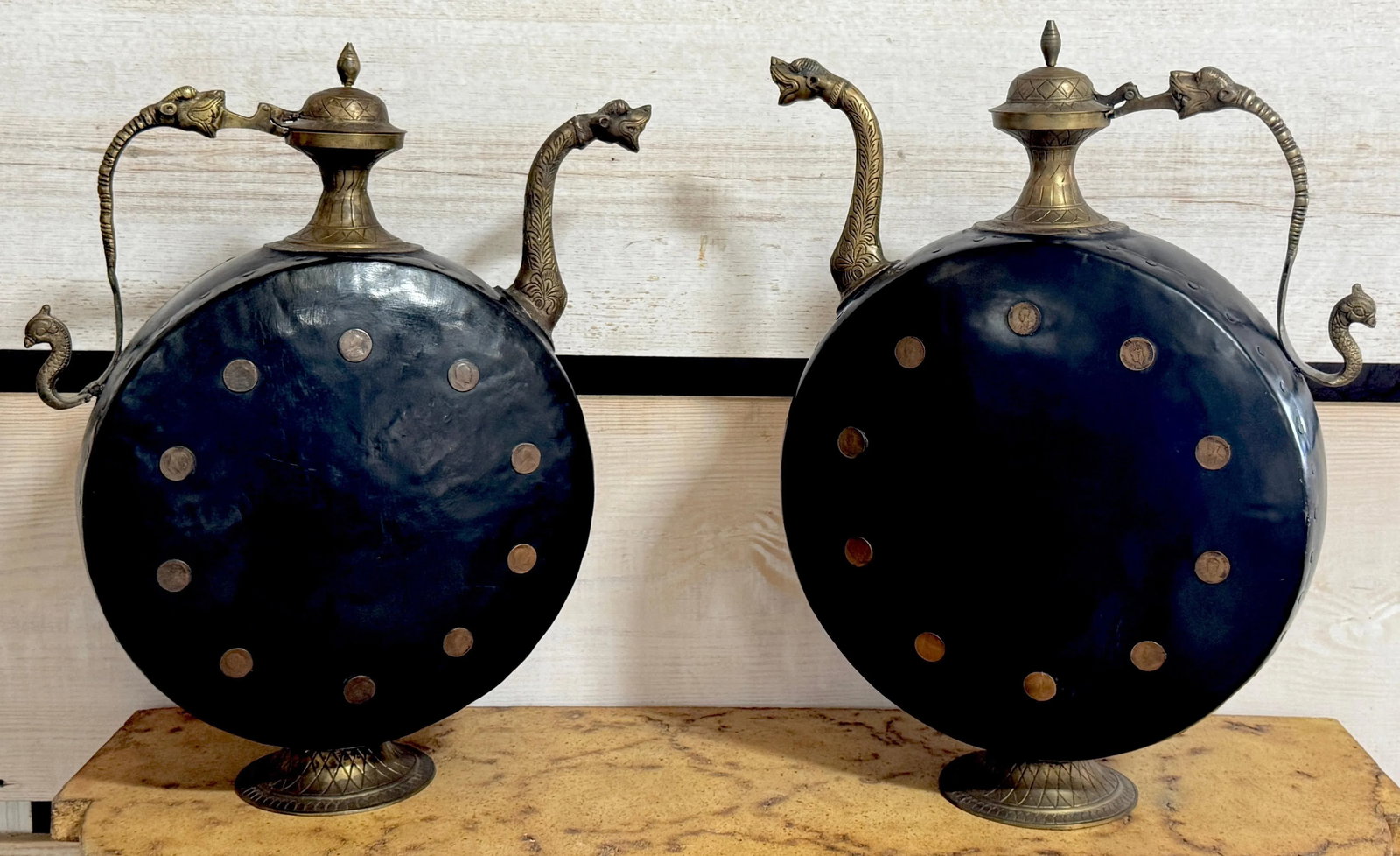 Pair of Anglo-Indian Cast & Engraved Brass Ewers, Black Enamel & British Coins - 5