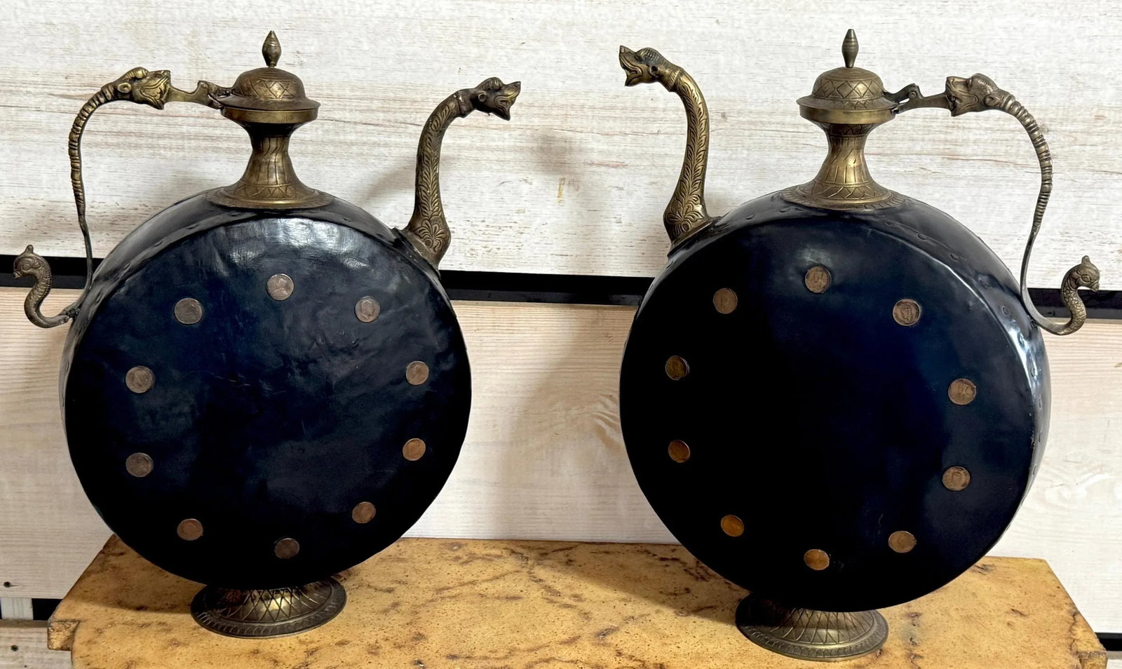 Pair of Anglo-Indian Cast & Engraved Brass Ewers, Black Enamel & British Coins - 6