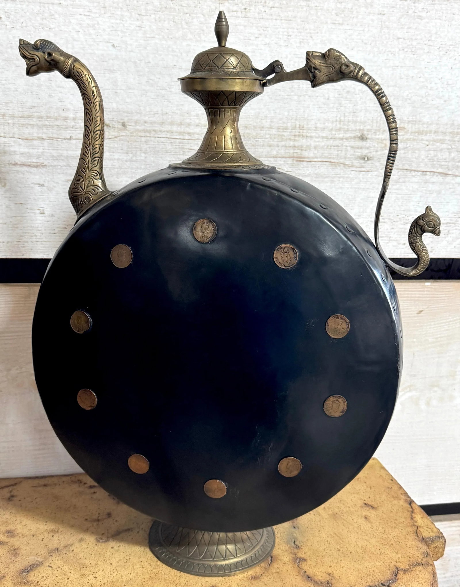 Pair of Anglo-Indian Cast & Engraved Brass Ewers, Black Enamel & British Coins - 7