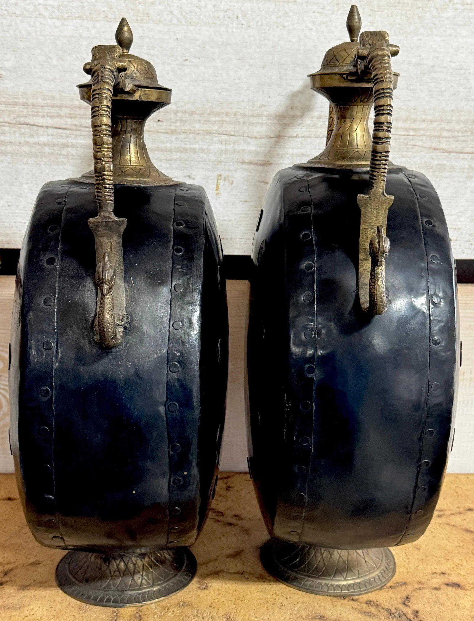 Pair of Anglo-Indian Cast & Engraved Brass Ewers, Black Enamel & British Coins - 8