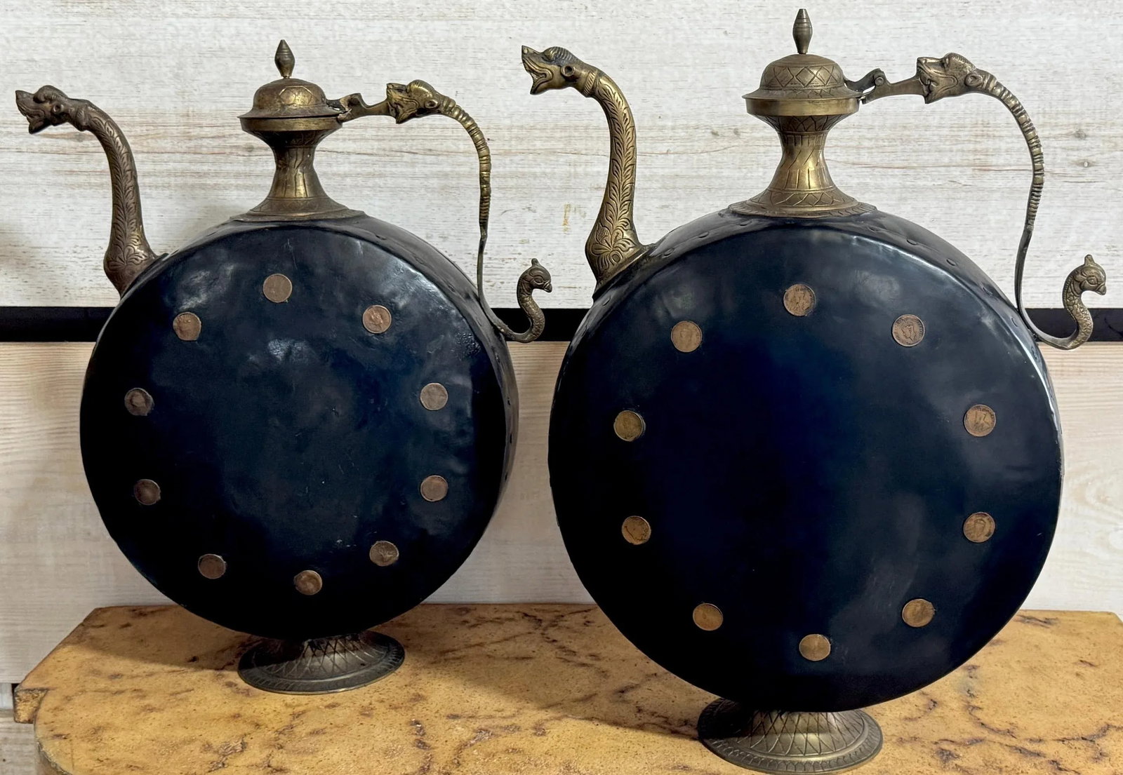 Pair of Anglo-Indian Cast & Engraved Brass Ewers, Black Enamel & British Coins - 9