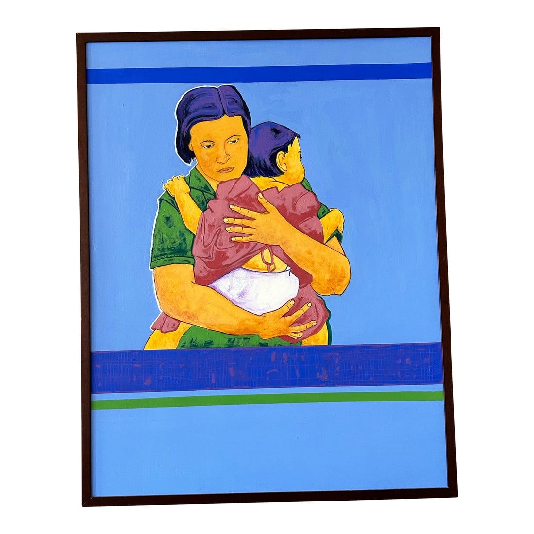 Motherly Love by Marie Straw (1894-1996) Original Acrylic: The acrylic painting titled "Motherly Love" by Marie Straw. A depiction captures a woman embracing a child, rendered in bold, vivid colors that evoke strong emotions. The mother, with short dark hair