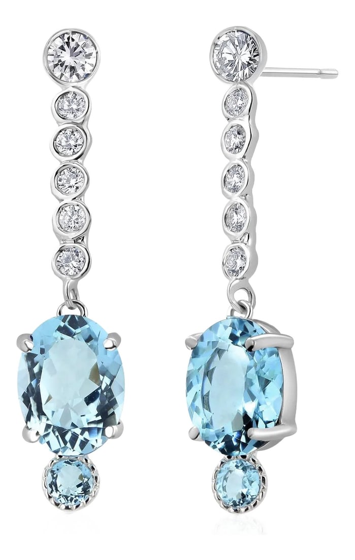 1990s 14 Karat White Gold Earrings Pair Natural Santa Maria Aquamarines and Diamonds: Indulge in the mesmerizing allure of the ocean with these breathtaking 14KW Natural Santa Maria Blue Aquamarine 14 Karat White Gold Drop Earrings. Earring features a stunning 3.07-carat Santa Maria