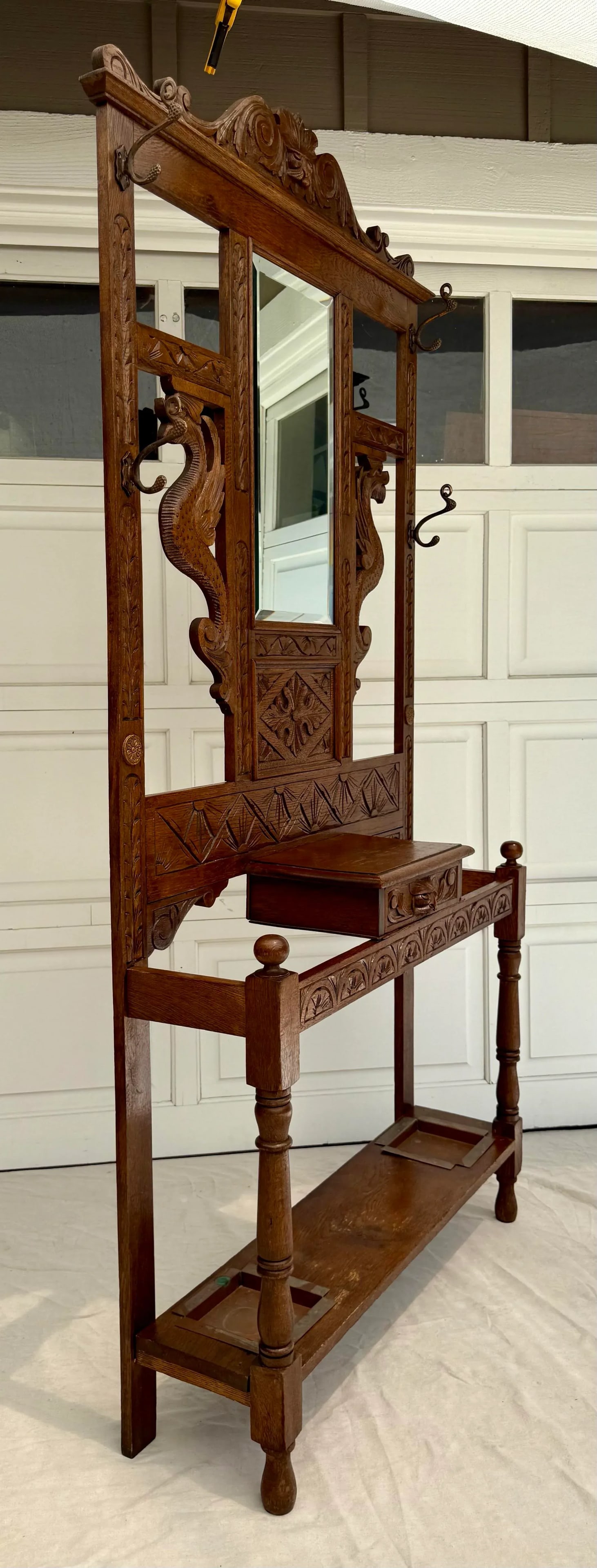 Mid 20th C. Hand-Carved Halltree Entry Organizer With Mirror and Hooks - 10