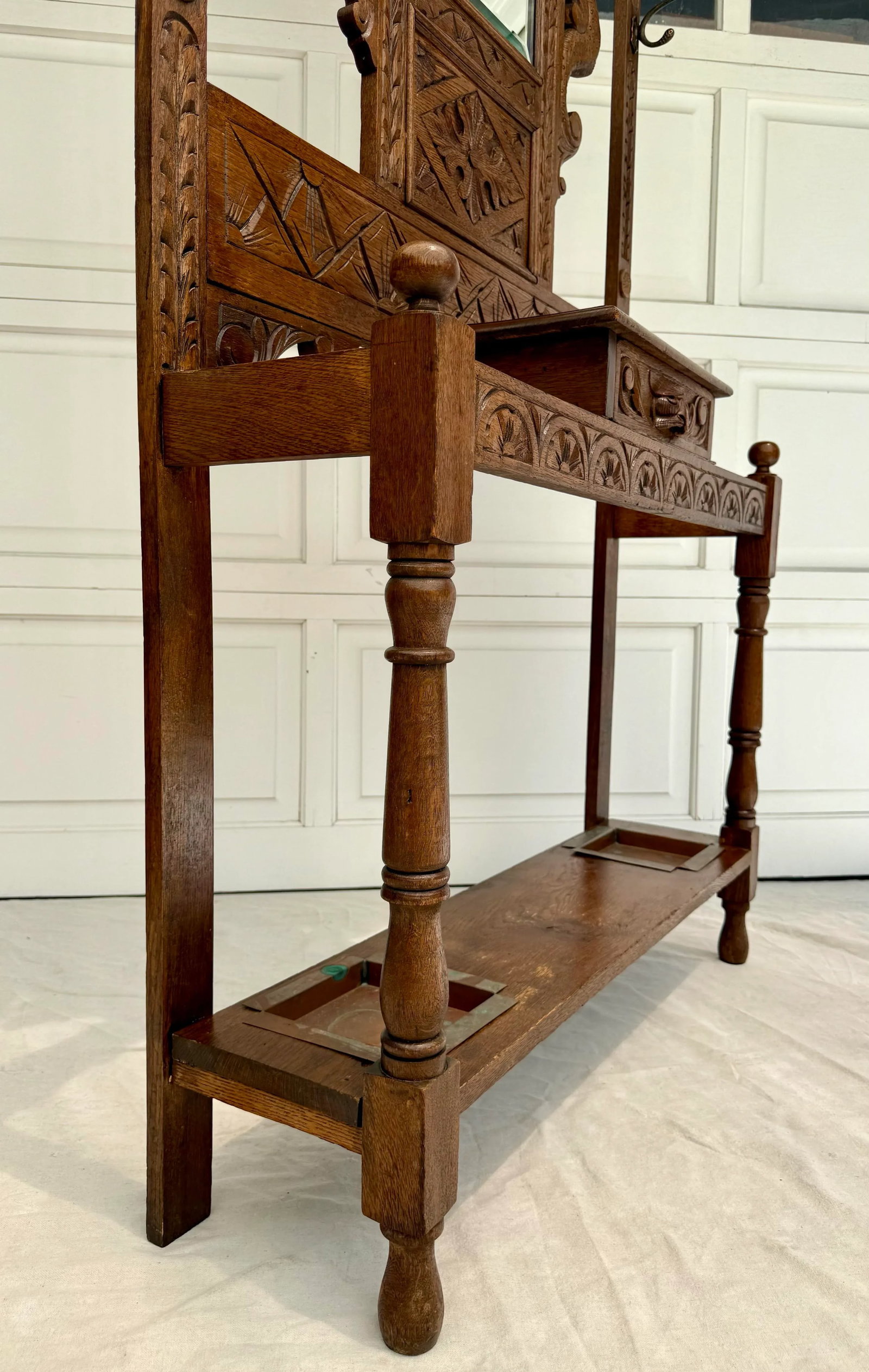Mid 20th C. Hand-Carved Halltree Entry Organizer With Mirror and Hooks - 11
