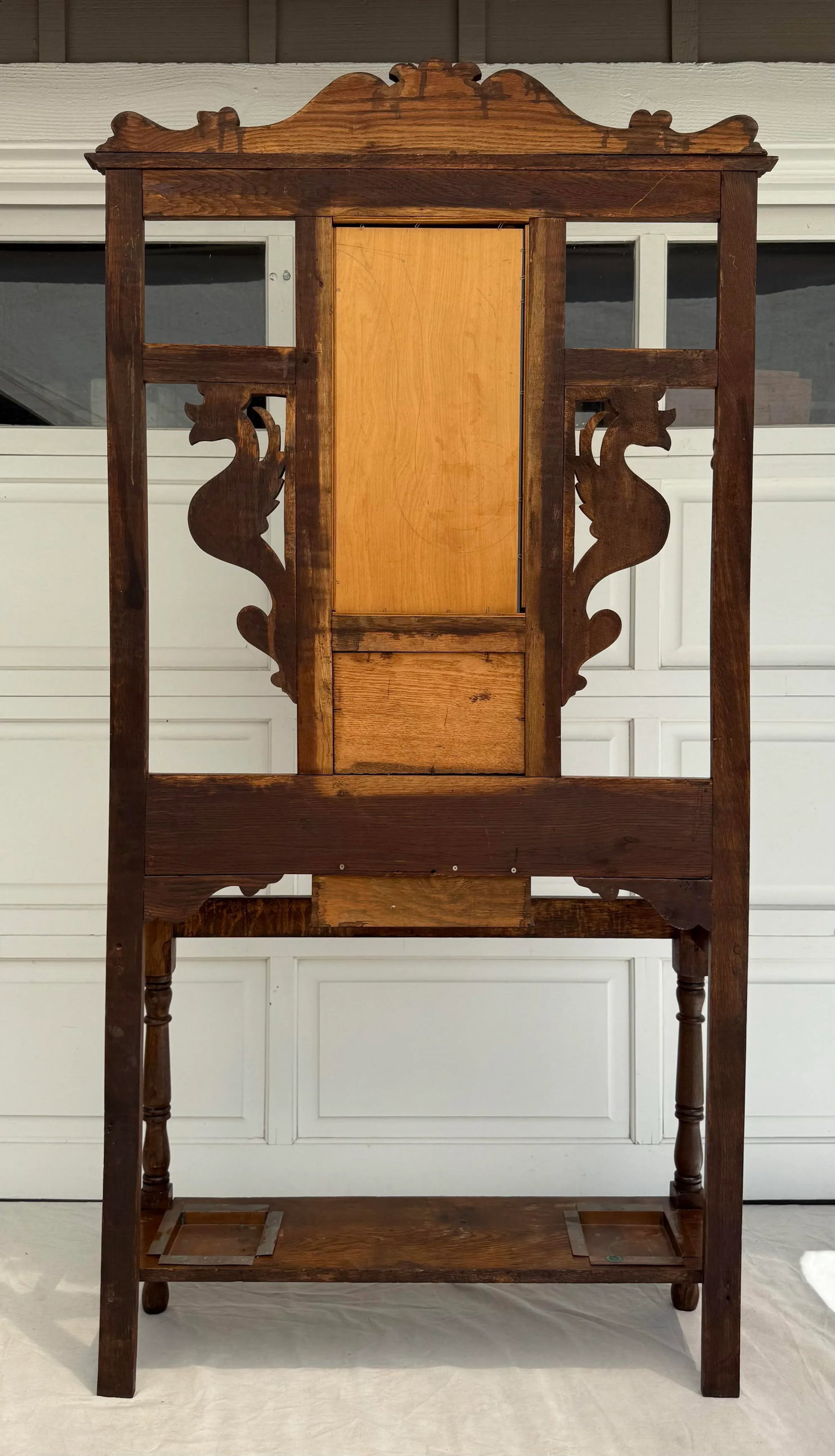 Mid 20th C. Hand-Carved Halltree Entry Organizer With Mirror and Hooks - 12
