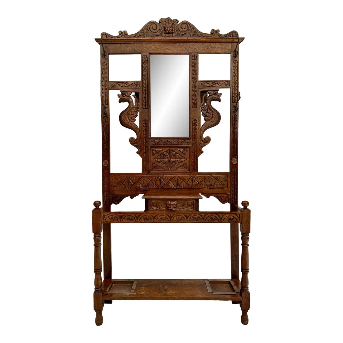 Mid 20th C. Hand-Carved Halltree Entry Organizer With Mirror and Hooks: Here is an absolutely stunning halltree that was hand-made and hand-carved. It is an original, work of art! Beautiful and extremely functional. The piece has everything you need to keep your entry